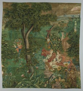 A Piece of Wall Covering Painted on Coarse Jute, Depicting Diana in a Forest Landscape